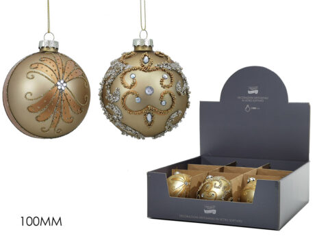 Sfera natalizia in vetro oro — 100 mm, due decori